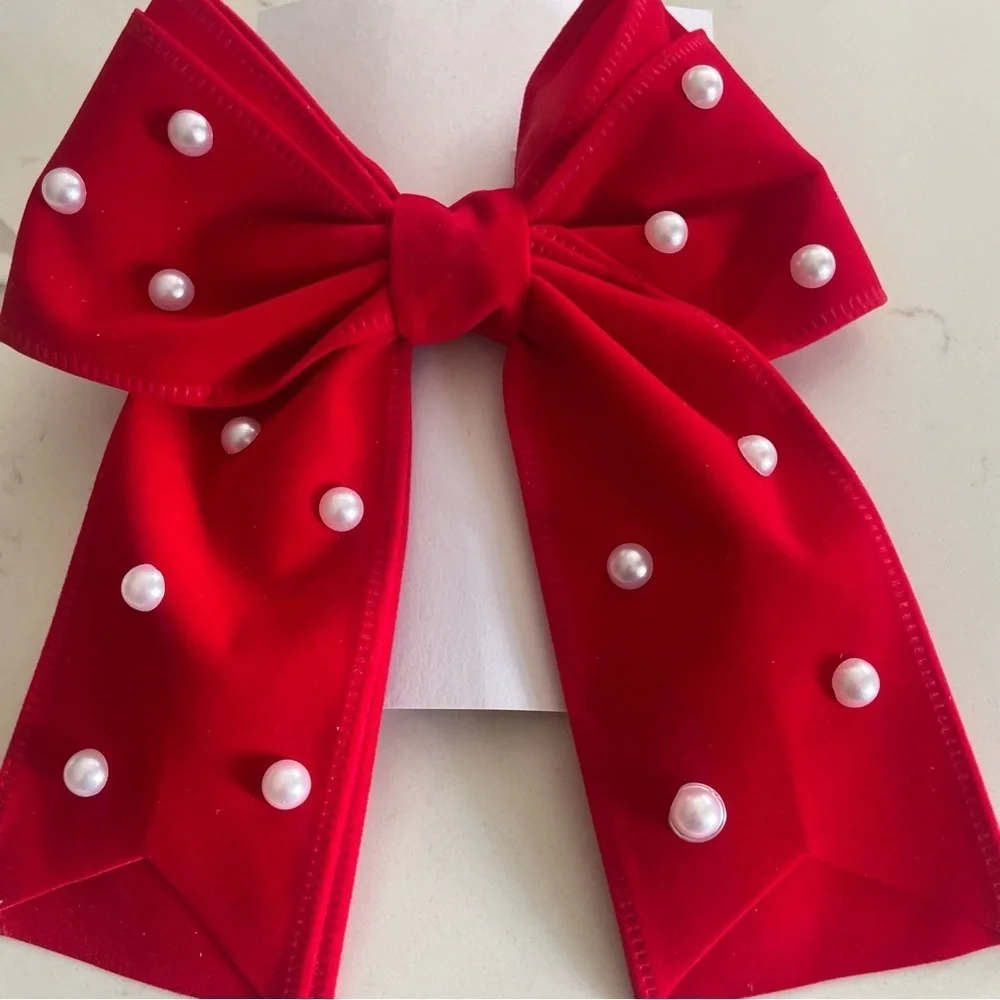 New Elegant Red velvet Bow with Pearls for Kids clip on formal holiday events